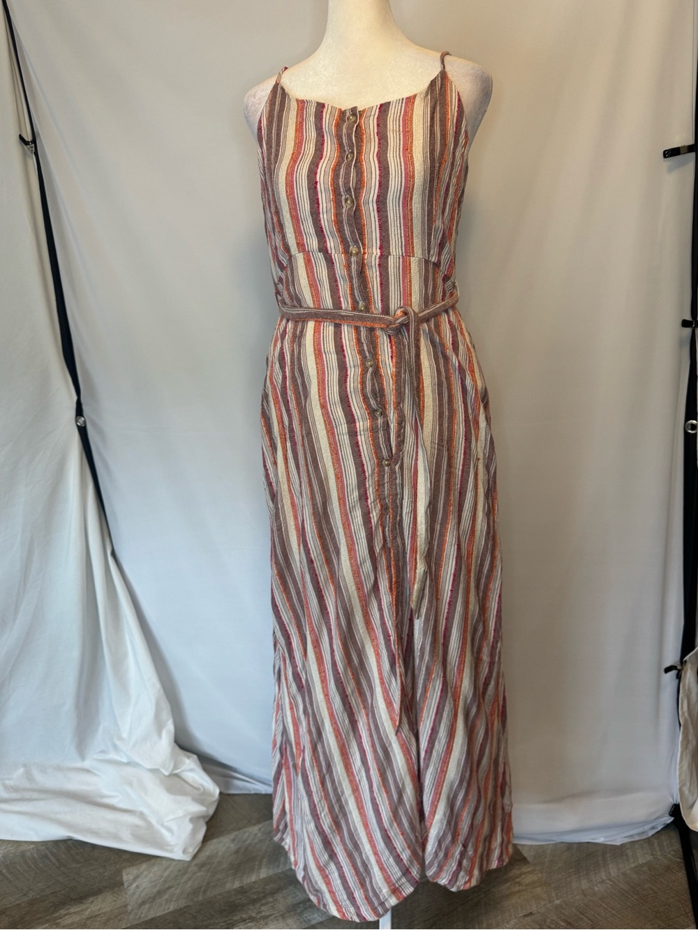 Skinny Strap Striped Maxi Dress in Rust, Cream, and Dusty Pink, textured stripes